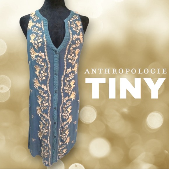 Anthropologie Dresses & Skirts - Anthropologie Tiny Syden Embroidered Floral Sleeveless Button Front Dress Teal M